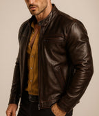 Men's Brown Sheep Leather Moto lacket | Slim Fit Racer Stryker by Daaran