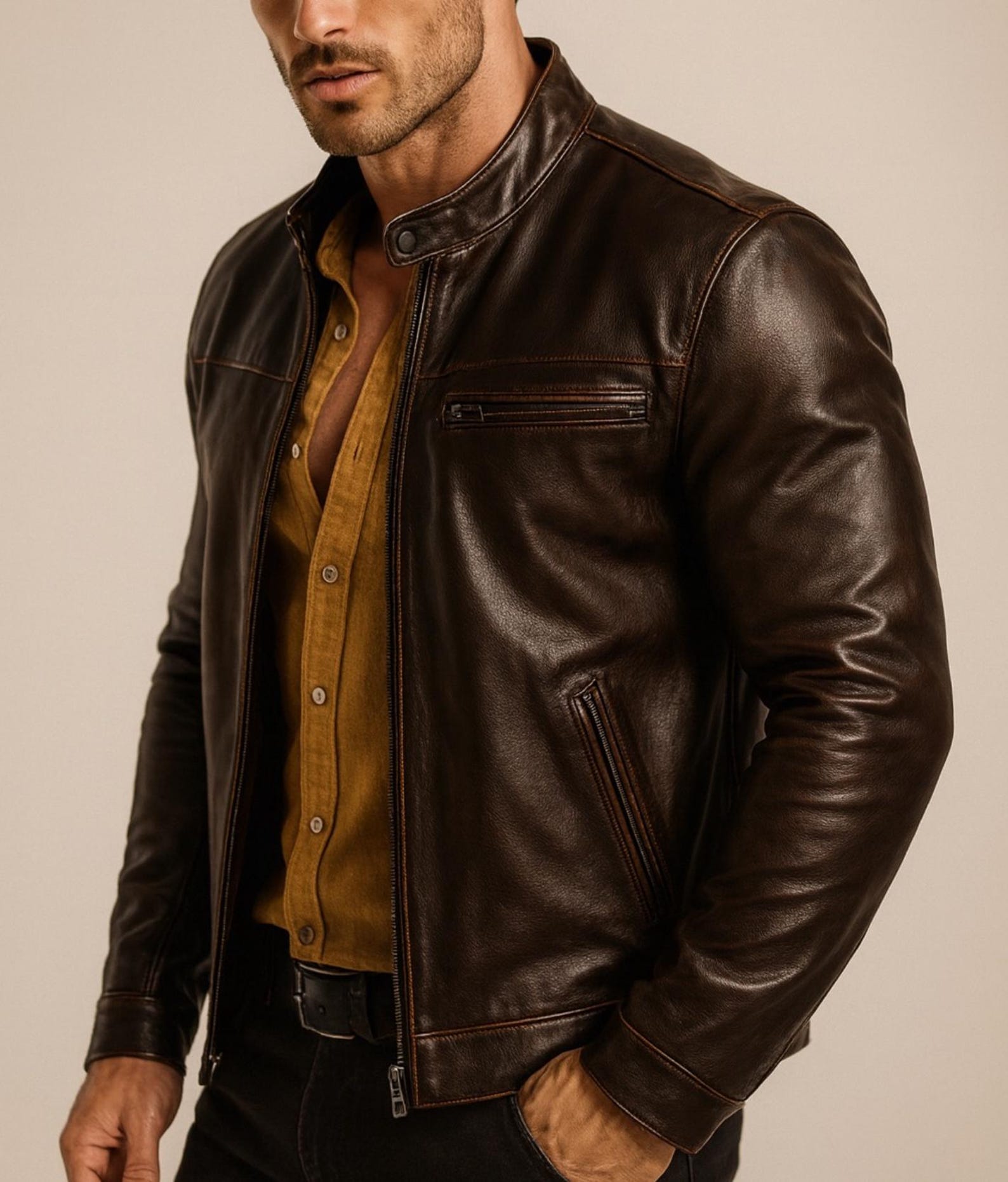 Men's Brown Sheep Leather Moto lacket | Slim Fit Racer Stryker by Daaran
