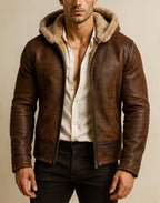 Brown Suede Leather Aviator Jacket | Shearling Fur Collar, Handmade