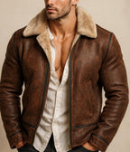 Brown Suede Leather Aviator Jacket | Shearling Fur Collar, Handmade