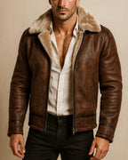 Brown Suede Leather Aviator Jacket | Shearling Fur Collar, Handmade