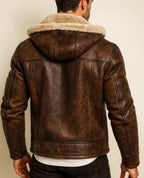Brown Suede Leather Aviator Jacket | Shearling Fur Collar, Handmade