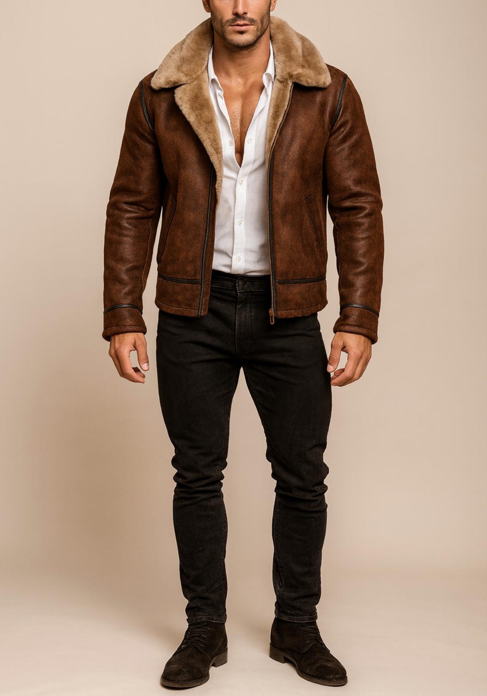 Brown Suede Leather Aviator Jacket | Shearling Fur Collar, Handmade