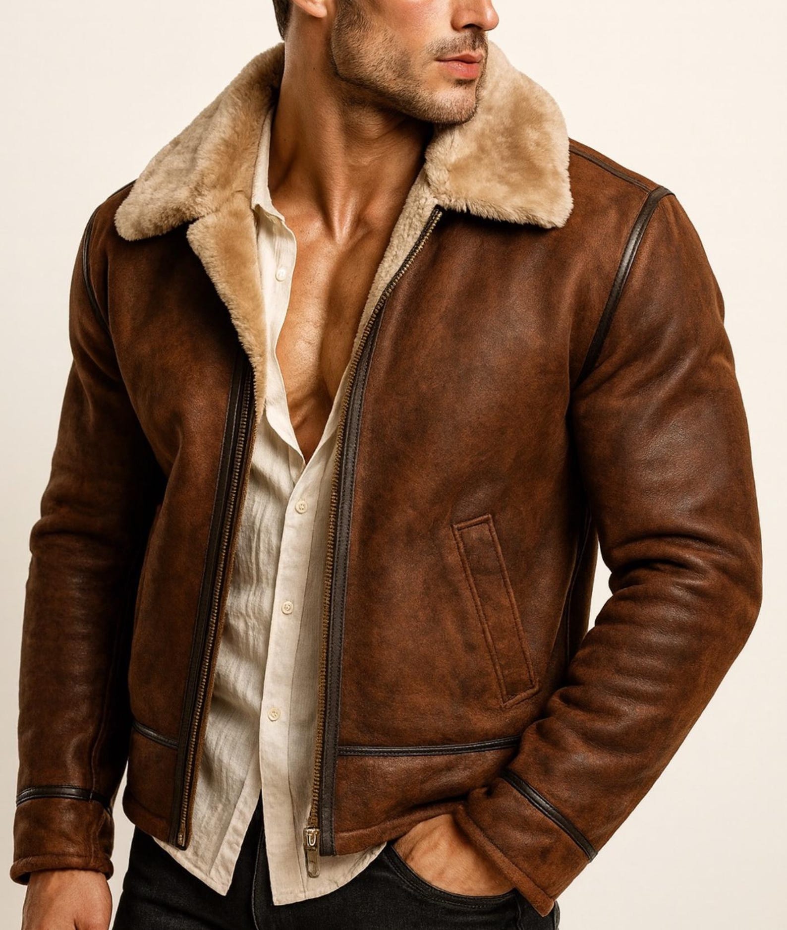 Brown Suede Leather Aviator Jacket | Shearling Fur Collar, Handmade