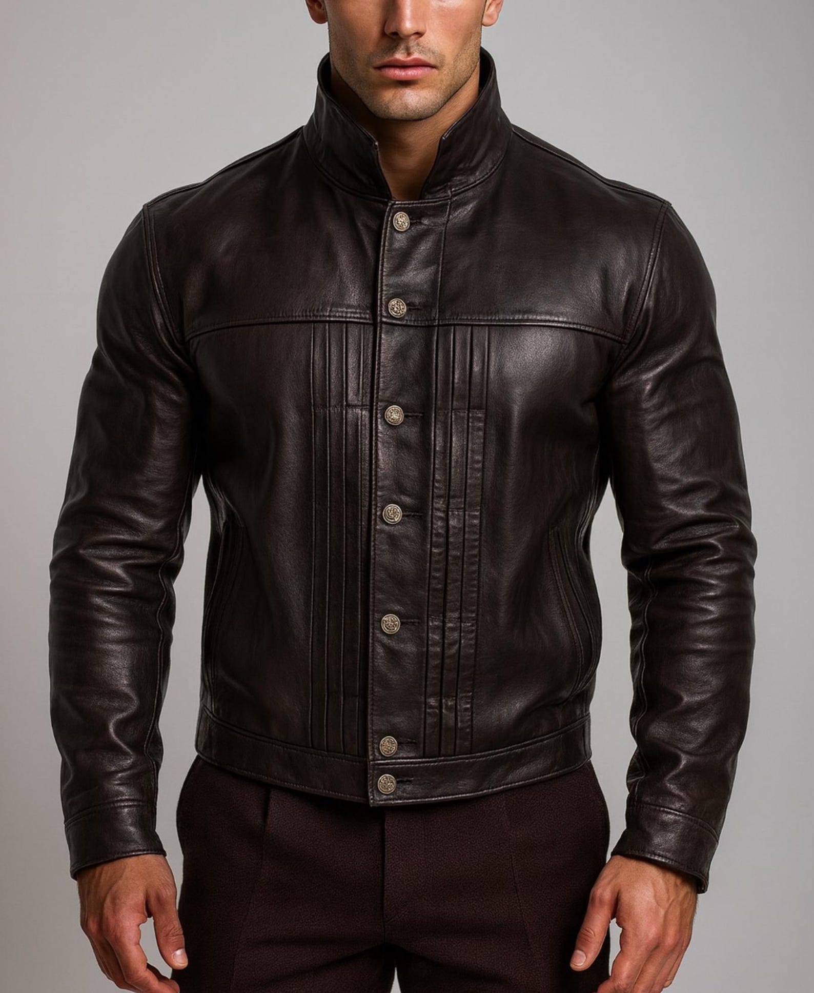 Dark Brown Sheep Leather Jacket – Stand Collar NOXAR | Daaran – front view