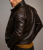 Dark Brown Sheep Leather Jacket – Stand Collar NOXAR | Daaran – back view