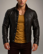 Dark Brown Sheep Leather Jacket – Stand Collar NOXAR | Daaran – side profile view