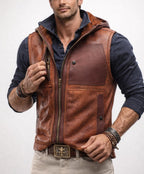 Brown Sheep Leather Hooded Vest – Ravel | Daaran – back view