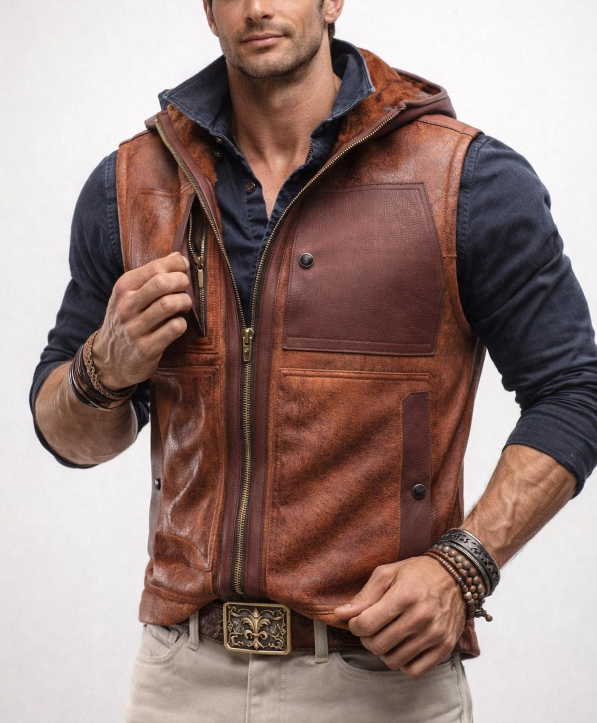 Brown Sheep Leather Hooded Vest – Ravel | Daaran – back view