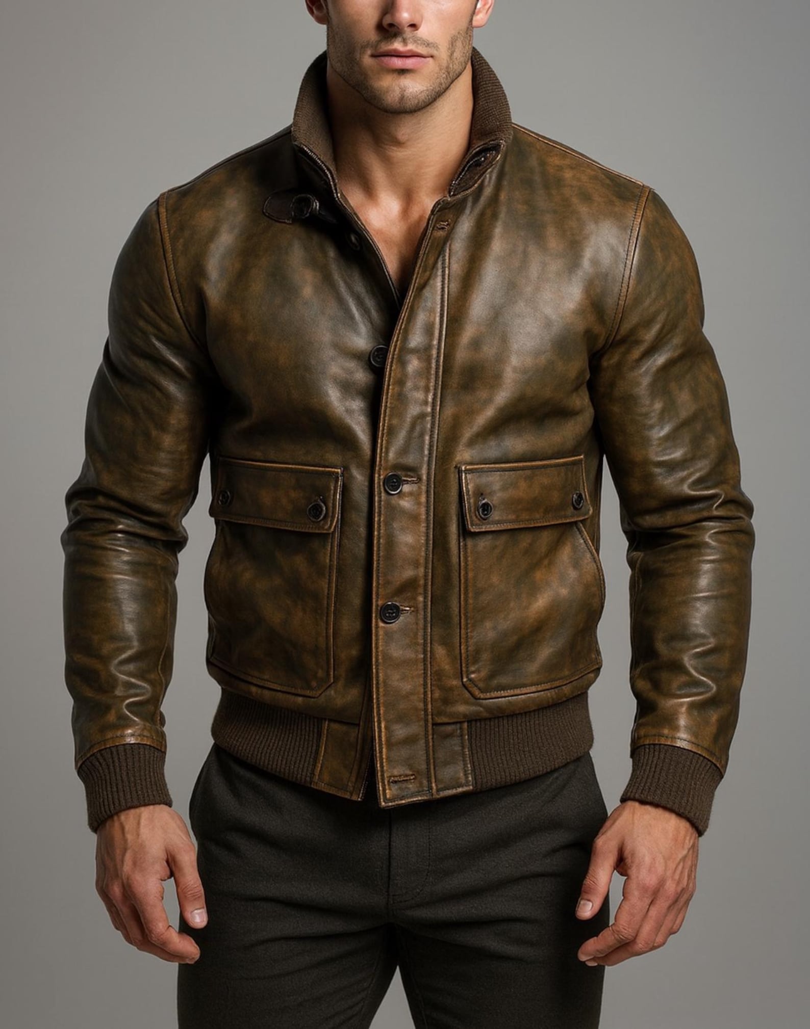 Vintage Brown Leather Bomber Jacket for Men | Distressed Outerwear DAARAN Ravvion