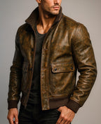 Vintage Brown Leather Bomber Jacket for Men | Distressed Outerwear DAARAN Ravvion