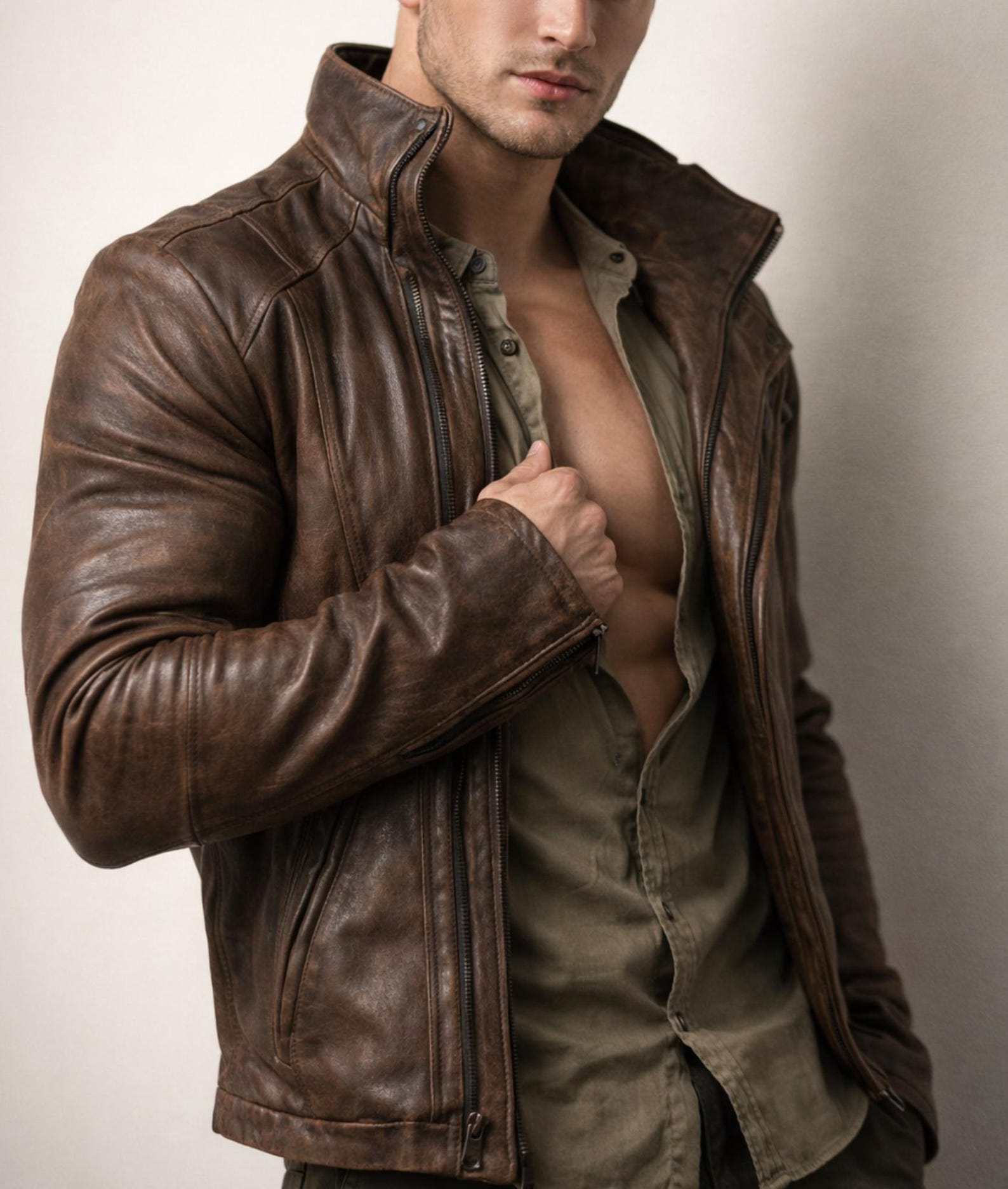 Vintage Brown Sheep Leather Cafe Jacket – Knox | Daaran – side profile view