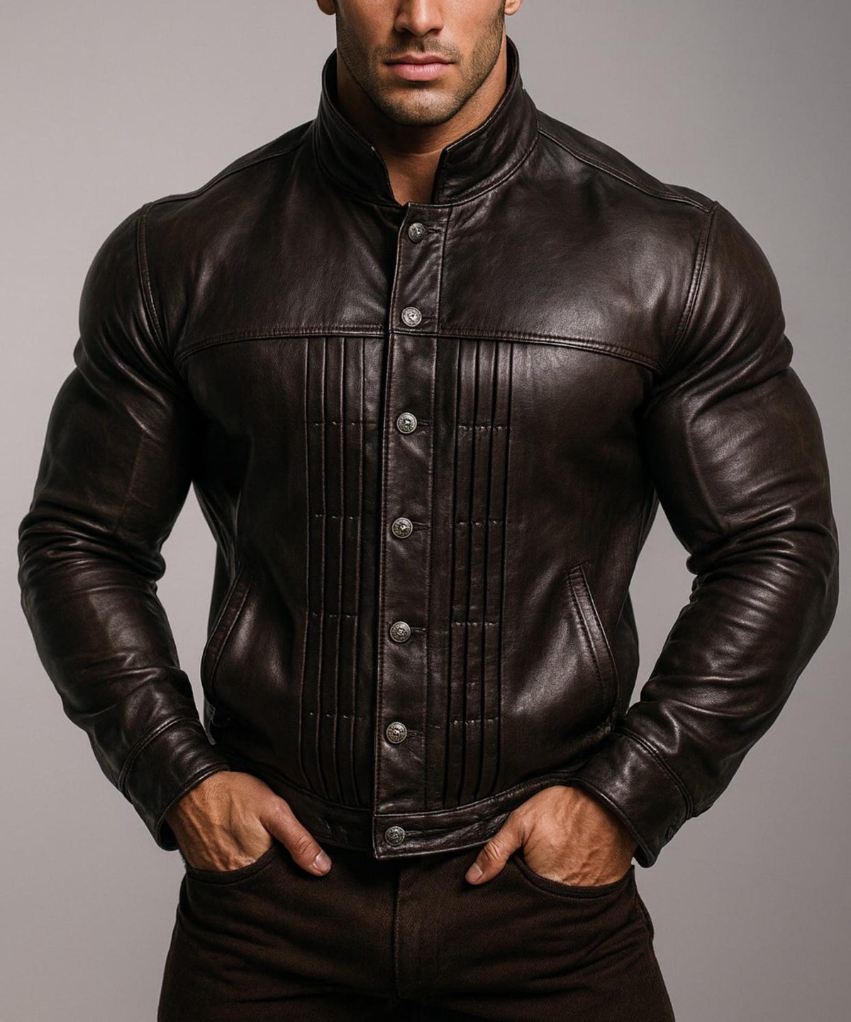 Dark Brown Sheep Leather Jacket – Stand Collar NOXAR | Daaran – close-up of leather texture and stitching