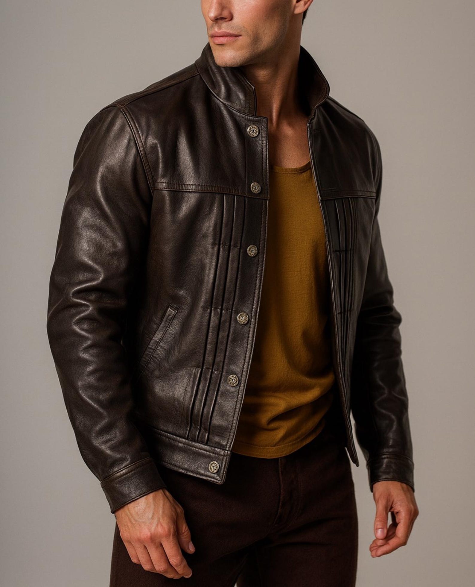 Dark Brown Sheep Leather Jacket – Stand Collar NOXAR | Daaran – three-quarter view