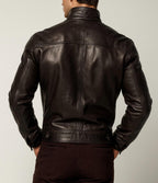 Dark Brown Sheep Leather Jacket – Stand Collar NOXAR | Daaran – collar and zipper detail