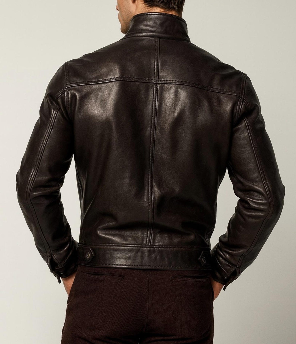 Dark Brown Sheep Leather Jacket – Stand Collar NOXAR | Daaran – collar and zipper detail