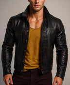 Dark Brown Sheep Leather Jacket – Stand Collar NOXAR | Daaran – sleeve and cuff detail