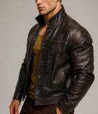 Dark Brown Sheep Leather Jacket – Stand Collar NOXAR | Daaran – interior lining view