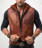 Brown Sheep Leather Hooded Vest – Ravel | Daaran – front view