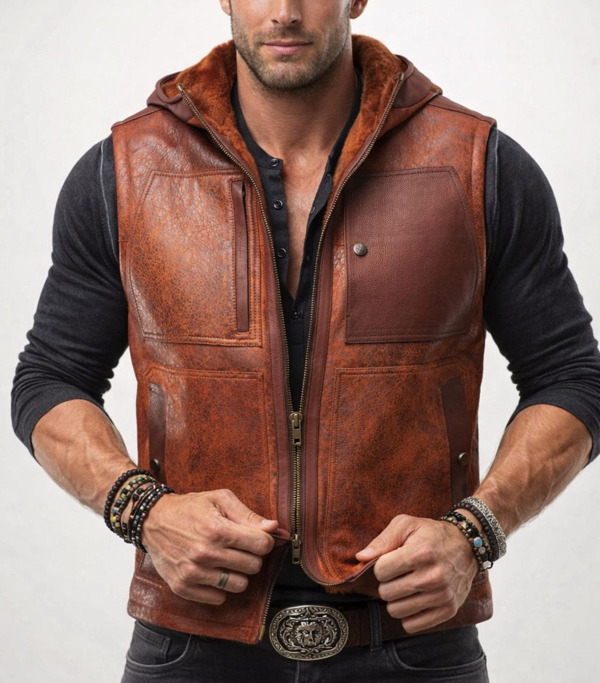 Brown Sheep Leather Hooded Vest – Ravel | Daaran – front view