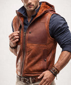 Brown Sheep Leather Hooded Vest – Ravel | Daaran – side profile view