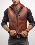 Brown Sheep Leather Hooded Vest – Ravel | Daaran – close-up of leather texture and stitching