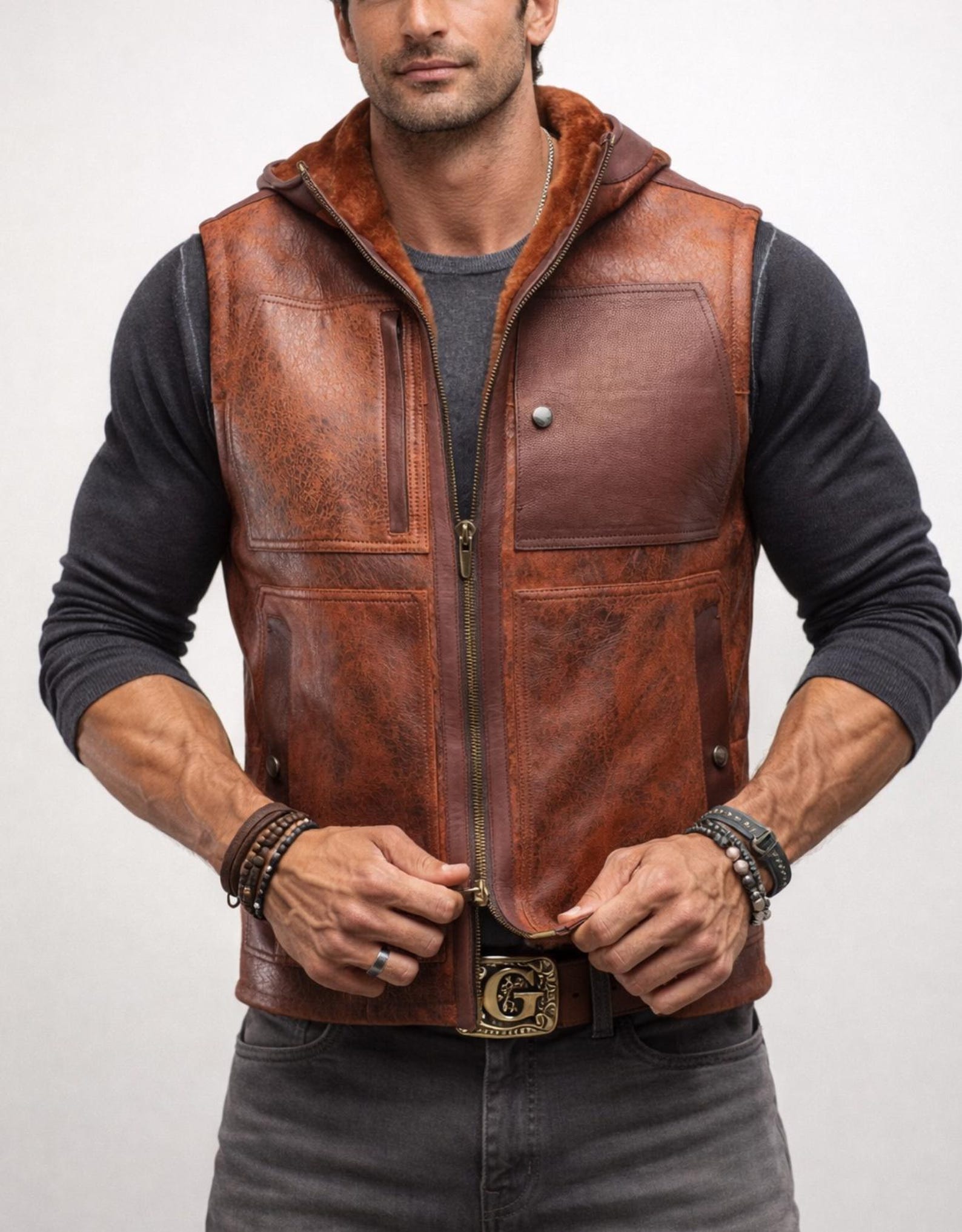 Brown Sheep Leather Hooded Vest – Ravel | Daaran – close-up of leather texture and stitching