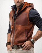 Brown Sheep Leather Hooded Vest – Ravel | Daaran – collar and zipper detail