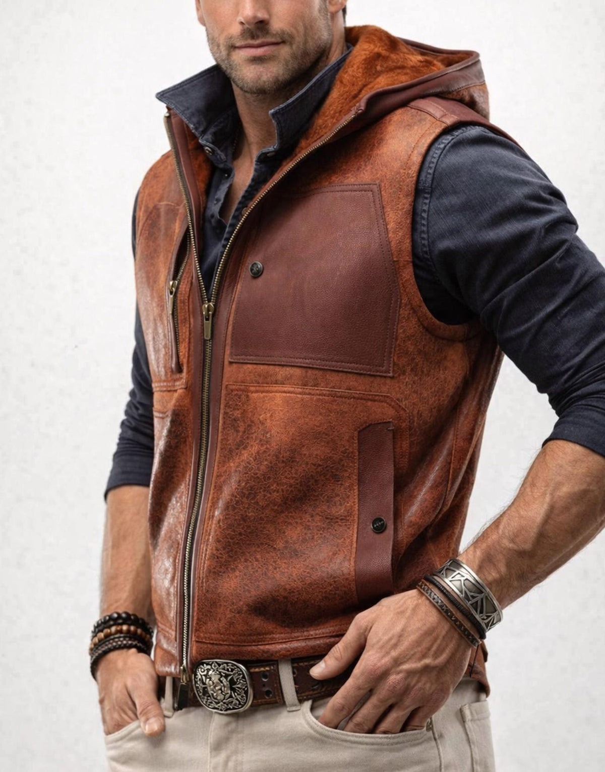 Brown Sheep Leather Hooded Vest – Ravel | Daaran – collar and zipper detail