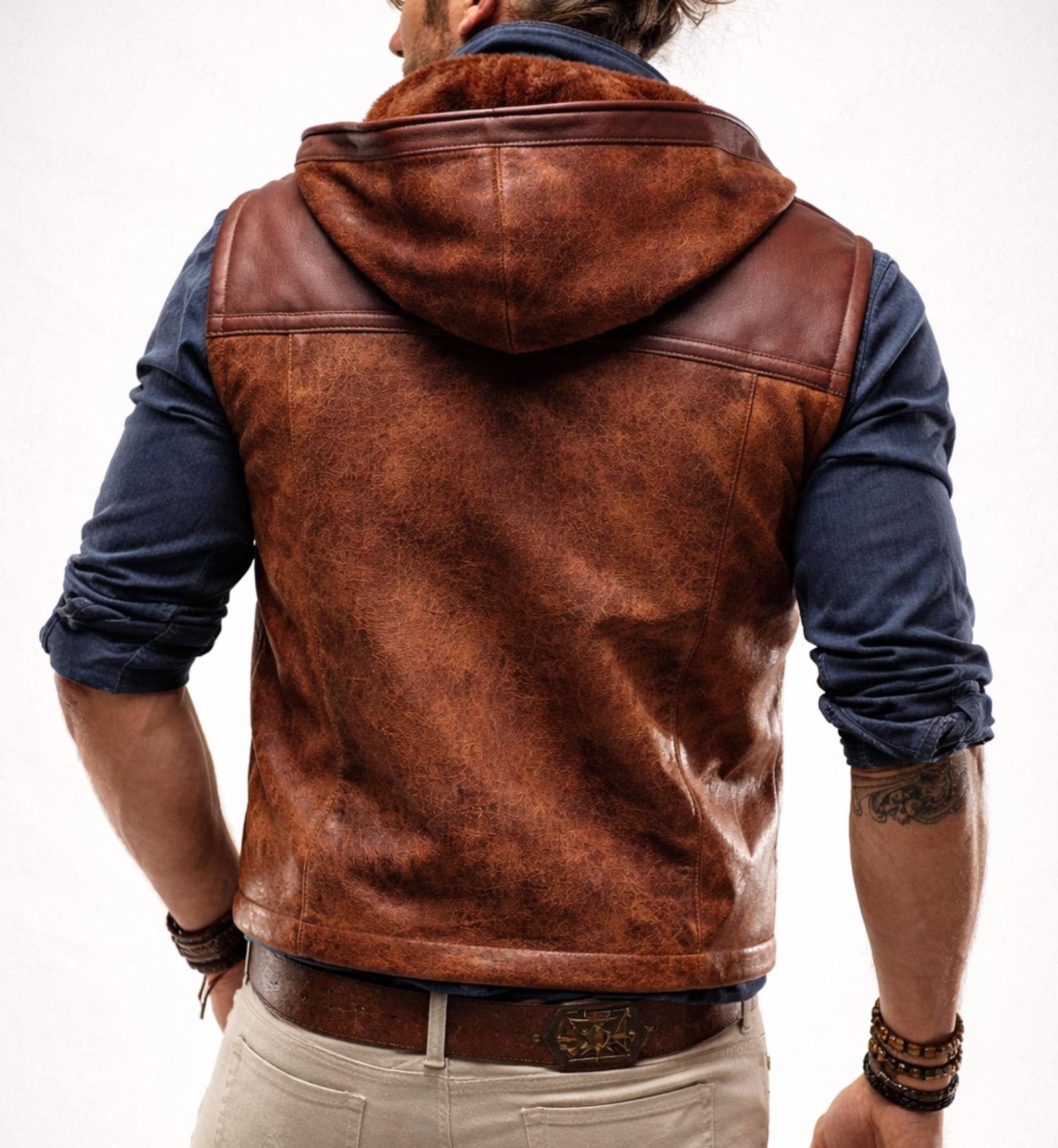 Brown Sheep Leather Hooded Vest – Ravel | Daaran – interior lining view
