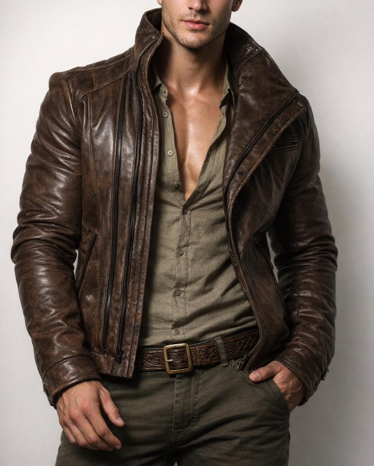 Vintage Brown Sheep Leather Cafe Jacket – Knox | Daaran – front view