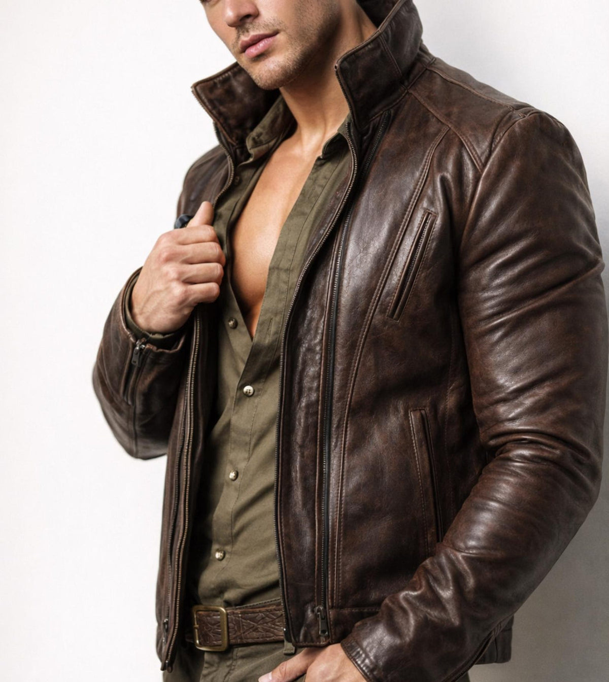 Vintage Brown Sheep Leather Cafe Jacket – Knox | Daaran – close-up of leather texture and stitching