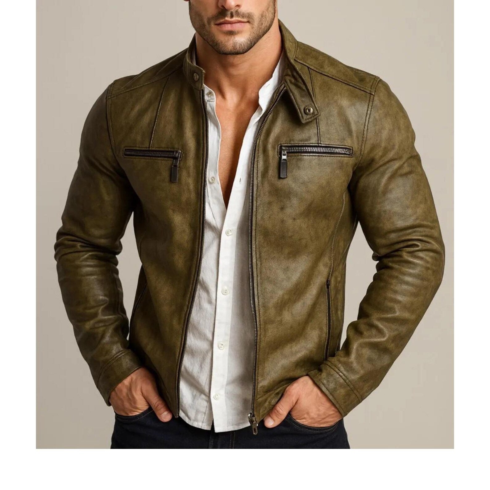 Olive Brown Sheep Leather Biker Jacket Slim Fit Designer Outerwear
