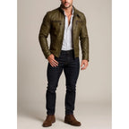 Olive Brown Sheep Leather Biker Jacket Slim Fit Designer Outerwear