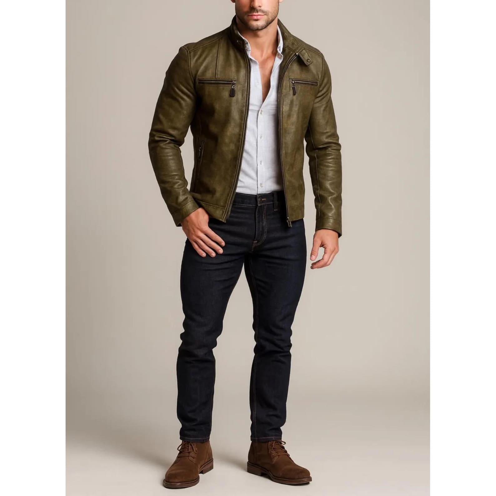 Olive Brown Sheep Leather Biker Jacket Slim Fit Designer Outerwear
