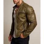 Olive Brown Sheep Leather Biker Jacket Slim Fit Designer Outerwear