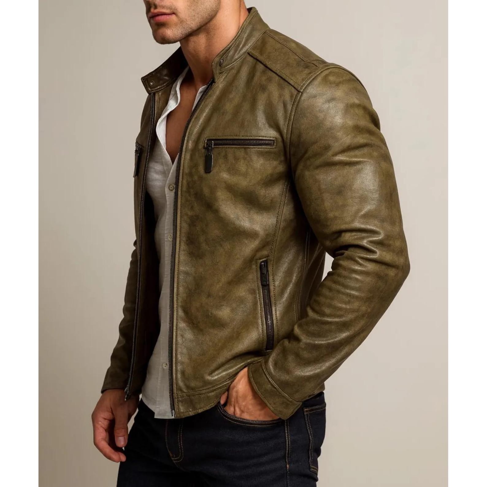 Olive Brown Sheep Leather Biker Jacket Slim Fit Designer Outerwear