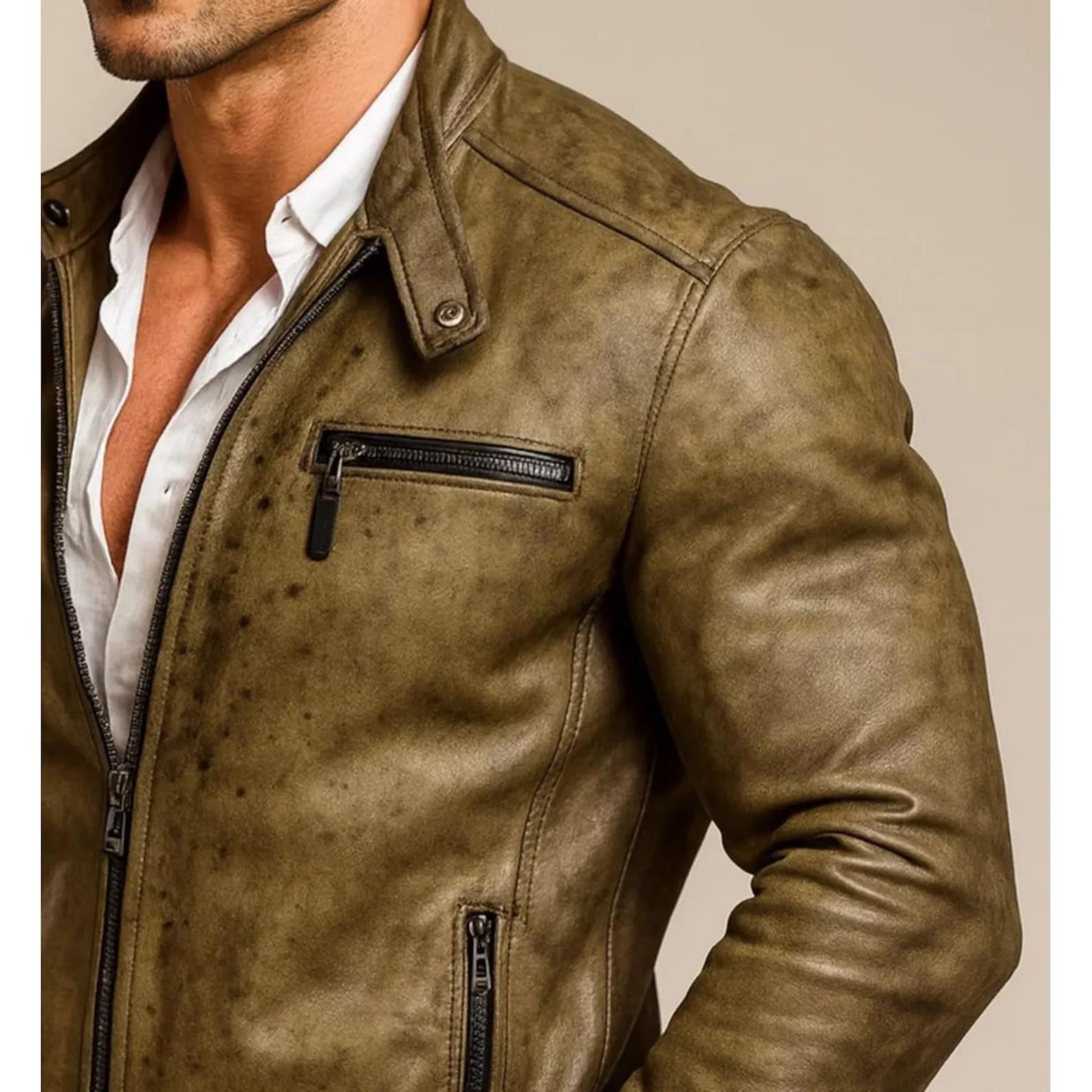 Olive Brown Sheep Leather Biker Jacket Slim Fit Designer Outerwear