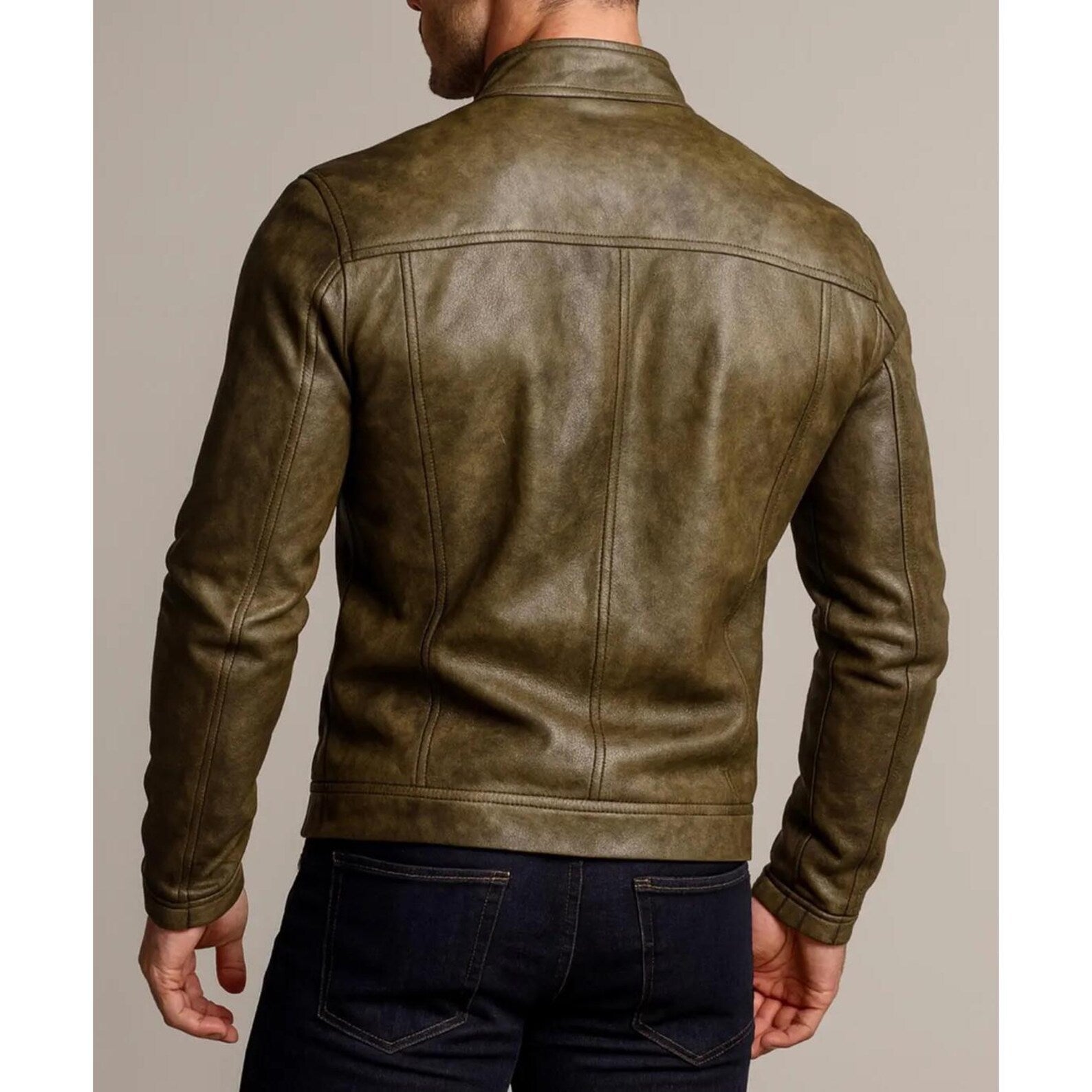 Olive Brown Sheep Leather Biker Jacket Slim Fit Designer Outerwear