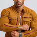 Men's Mustard Suede Biker Jacket: Vintage Moto with Red Zippers