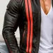 Striped Moto Sheep Leather Jacket: Men’s Black Café Racer, Red Racing Stripes