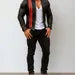 Striped Moto Sheep Leather Jacket: Men’s Black Café Racer, Red Racing Stripes