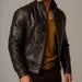 Dark Brown Sheep Leather Jacket – Men's Stand Collar Button Front - NOXAR