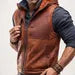 Brown Sheep Leather Hooded Vest - Men's Sleeveless Zip Vest - Ravel