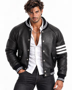 Men's black leather varsity jacket front view