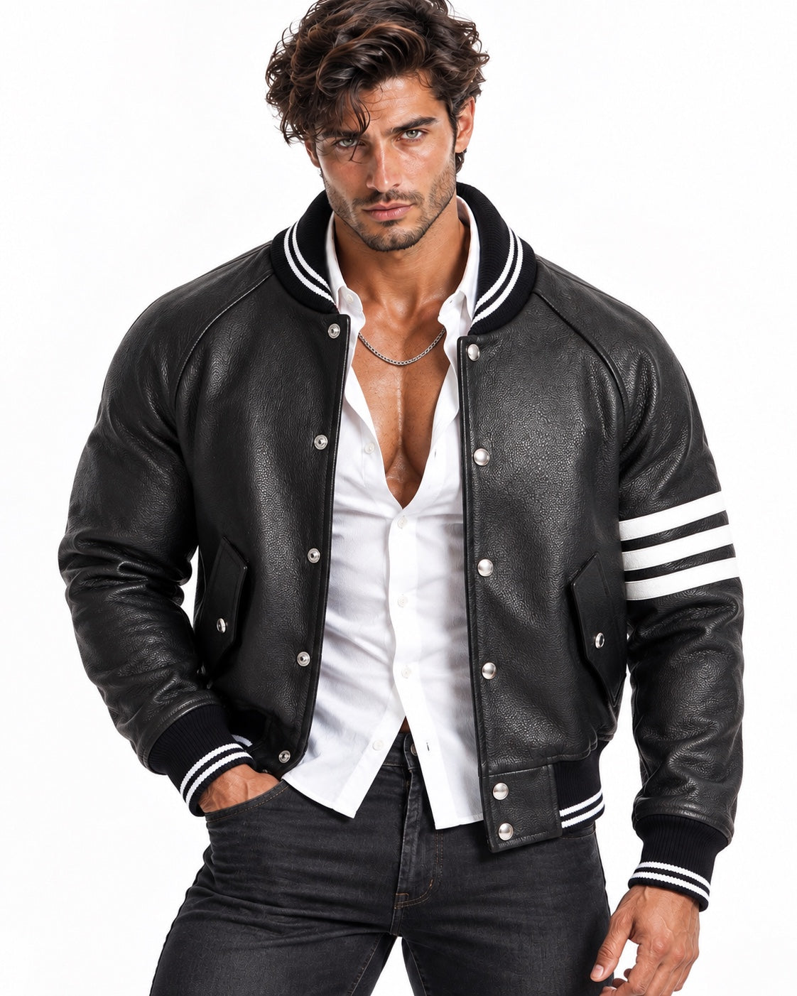 Men's black leather varsity jacket front view