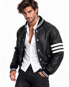 Men's black leather varsity jacket angled front view