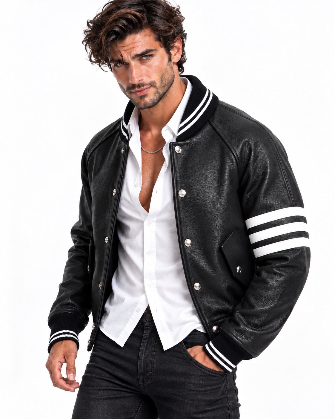 Men's black leather varsity jacket angled front view