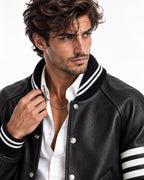 Men's black leather varsity jacket collar detail