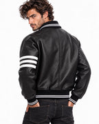 Men's black leather varsity jacket back three-quarter view